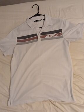 Travis Mathew White Polo with Gray and Brown Stripes